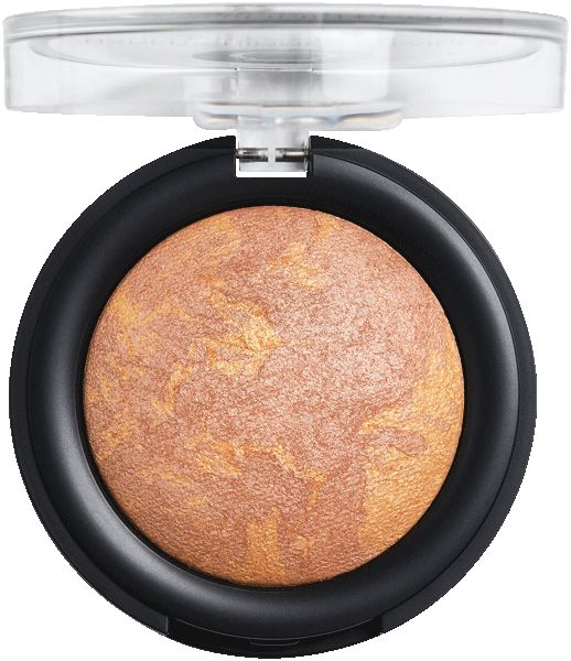 Runder, gebackener Schimmer-Puder-Blush in schwarzem Behälter mit transparentem Deckel. Gold-braune Farbe mit marmoriertem Muster.