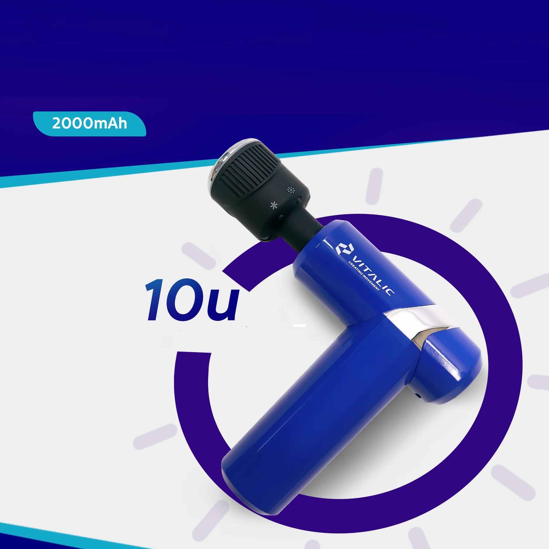 Blaues Massagegerät mit schwarzem Kopf. Anzeige 2000mAh und 10u. VITALIC-Logo sichtbar.