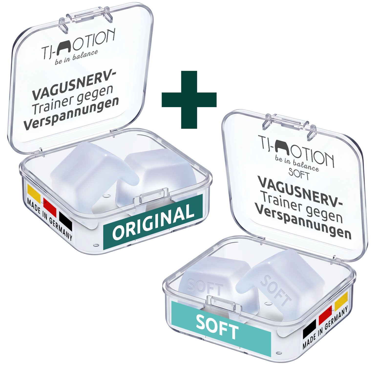 Zwei transparente Boxen mit je zwei weißen, U-förmigen Teilen. Aufschrift: TJ-Motion, VAGUSNERV-Trainer gegen Verspannungen. Original und Soft.