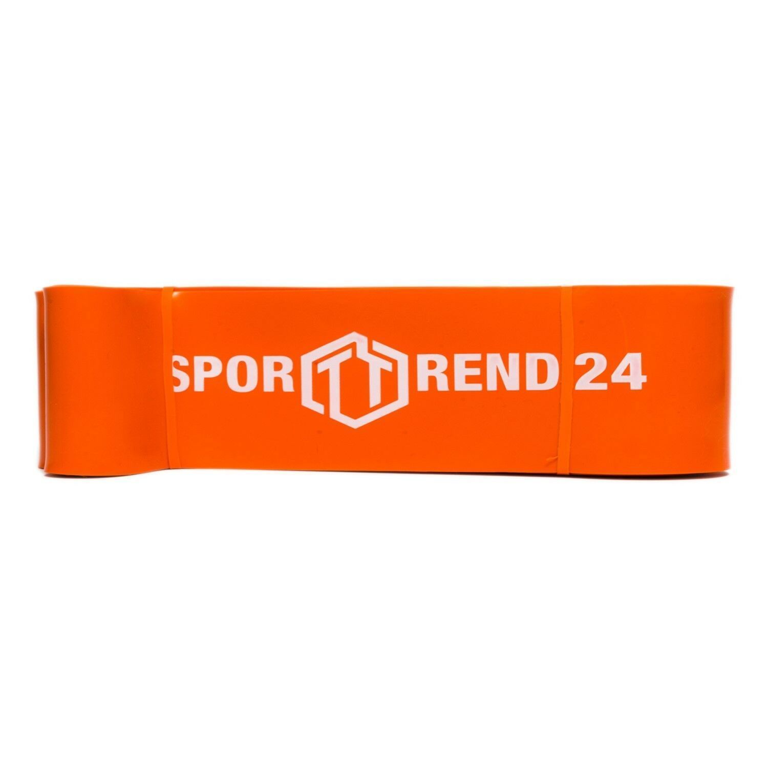 Orangefarbenes Fitnessband mit weißem Logo und Schriftzug Sporttrend 24.
