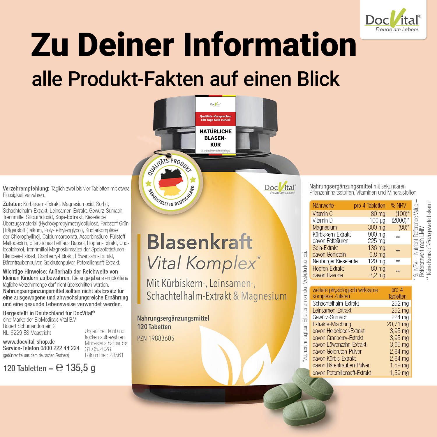 Flasche Blasenkraft Vital Komplex. 120 Tabletten. Grüne Tabletten daneben. Text: Nährwertangaben, Inhaltsstoffe.