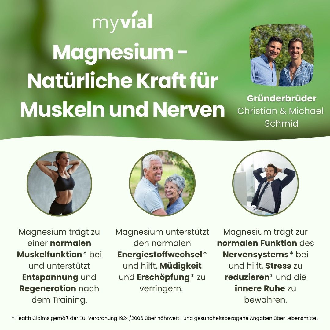 Werbung für myvial® Magnesium. Bilder: Frau beim Training, älteres Ehepaar, Mann entspannt. Text: Muskeln, Nerven, Energie, Müdigkeit, Stress. Gründer Christian & Michael Schmid.