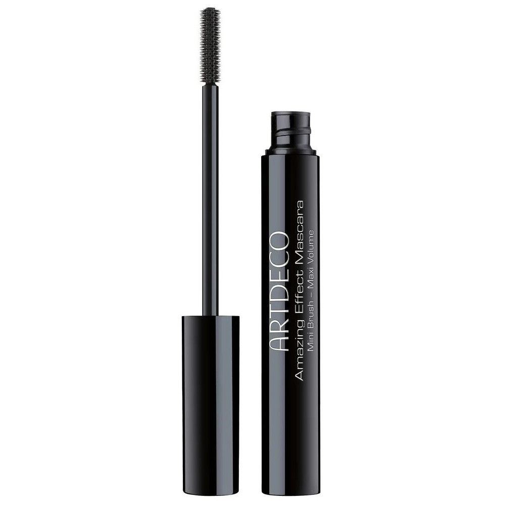 Artdeco Amazing Effect Mascara. Schwarze Tube mit Bürste. Aufschrift: Mini Brush - Max Volume.