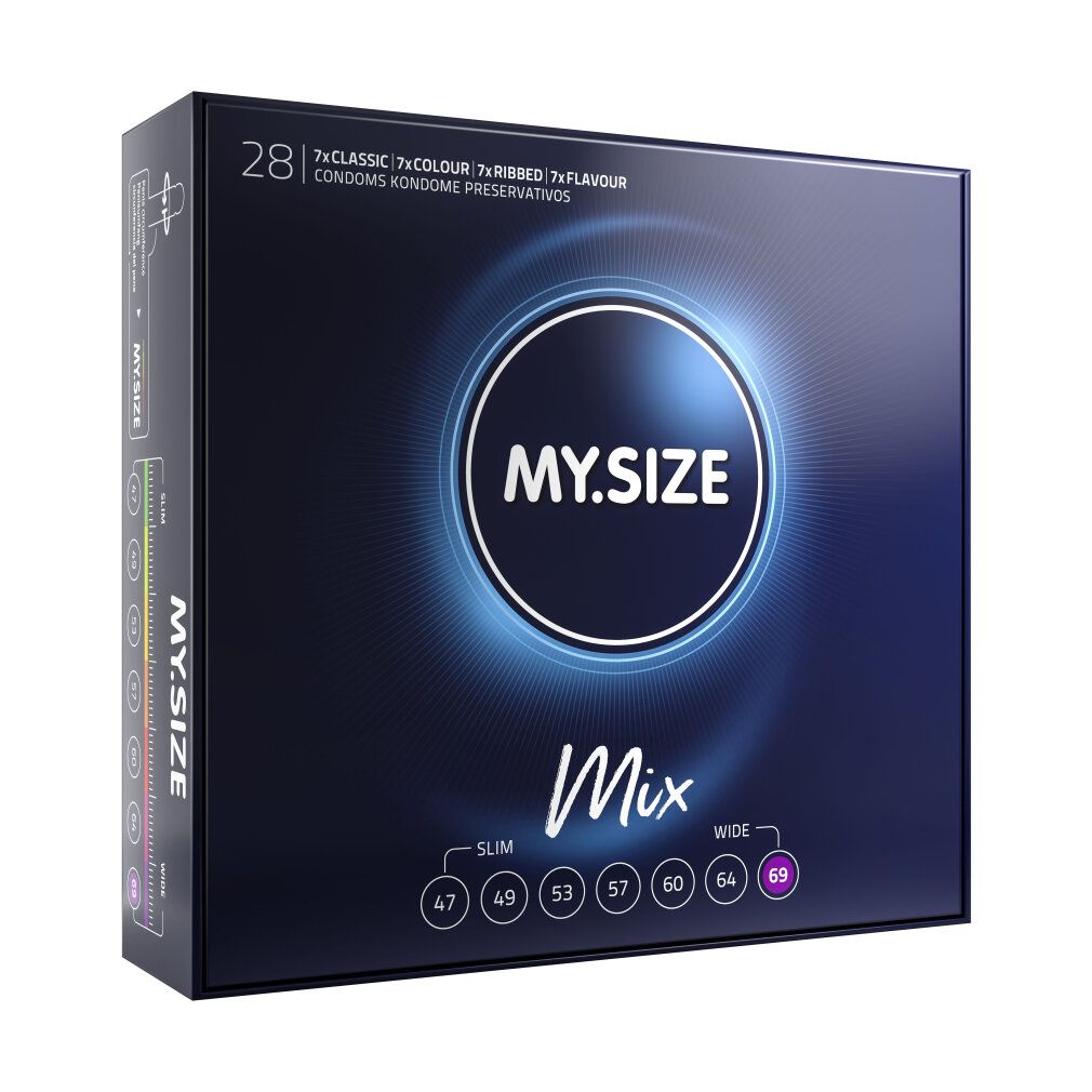 My.Size Classic 69mm MIX Packung mit 28 Kondomen, 7x Classic, 7x Colour, 7x Ribbed, 7x Flavour.