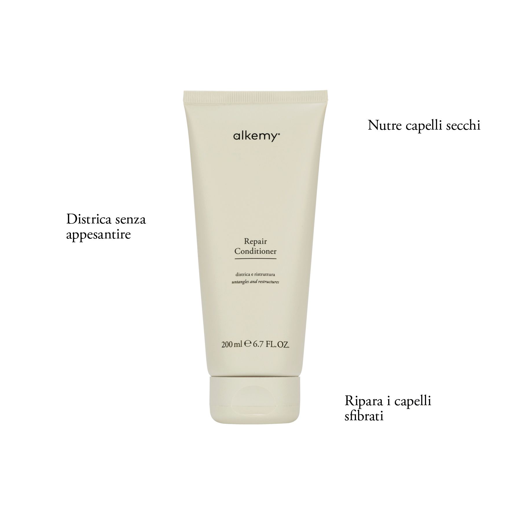 Eine Flasche Alkemy Repair Conditioner mit Textangaben zu den Vorteilen.