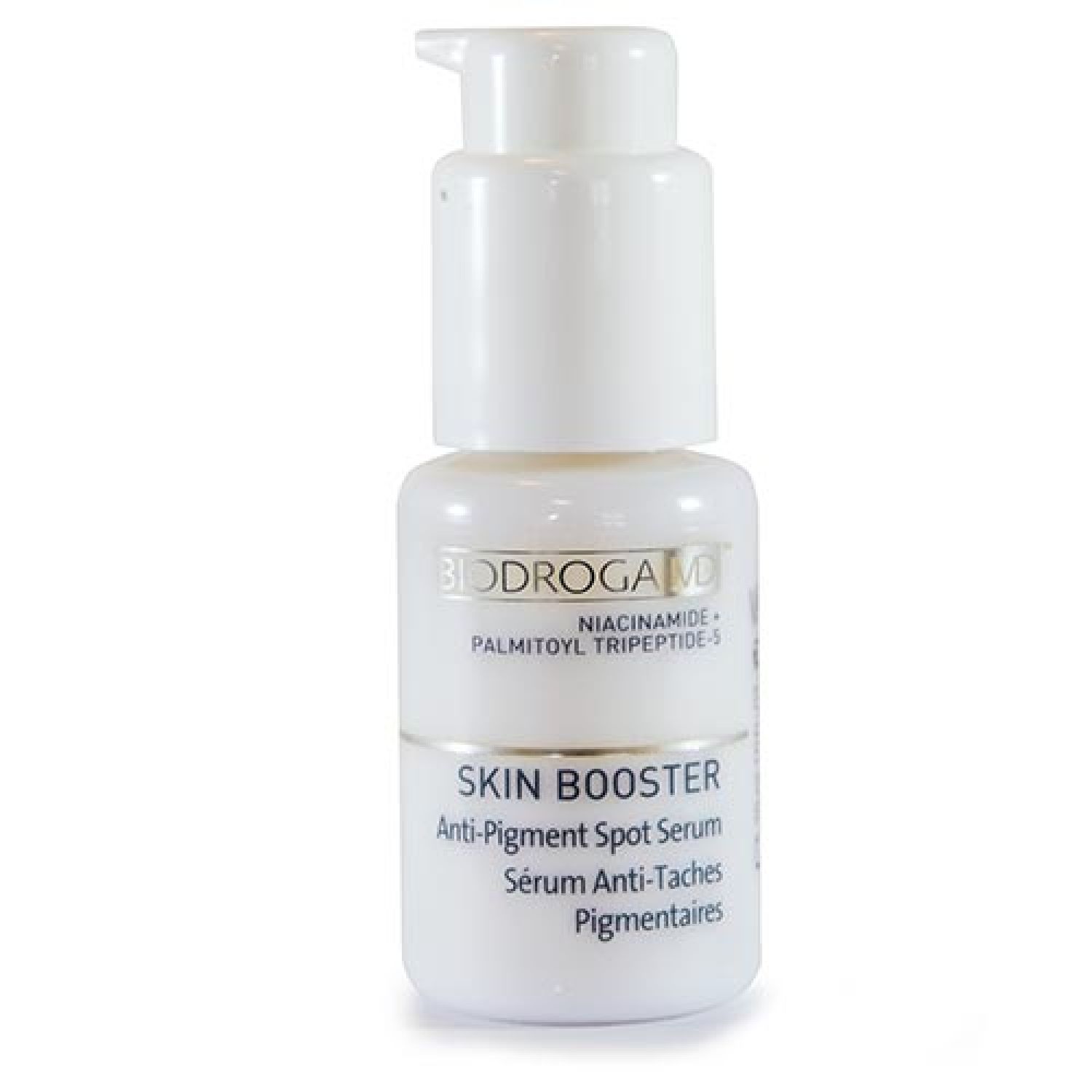 Weißes Serumfläschchen mit Pumpkopf. Beschriftung: BIODROGA MD, SKIN BOOSTER, Anti-Pigment Spot Serum, Sérum Anti-Taches Pigmentaires.