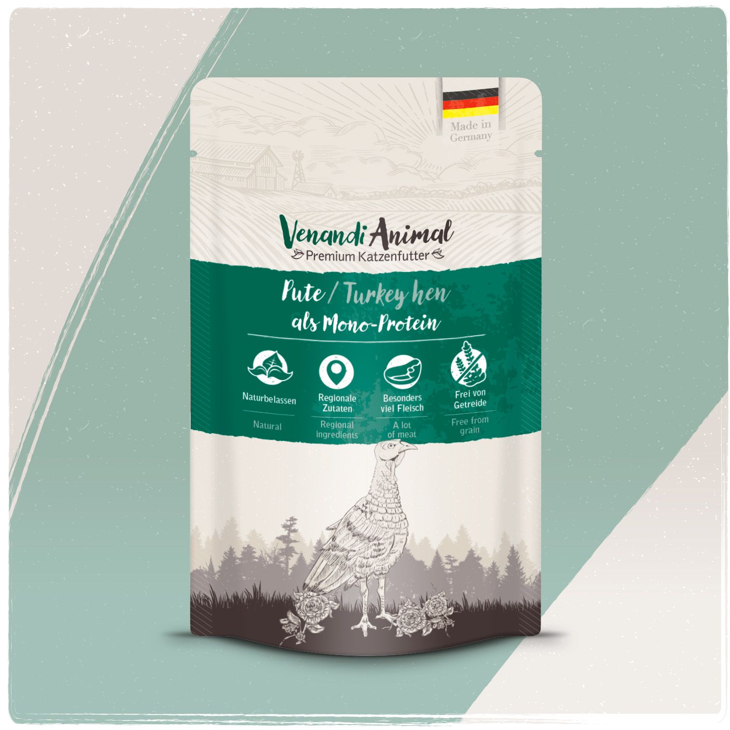 Venandi Animal Premium Katzenfutter Pute/Turkey hen als Mono-Protein. Beutel mit Abbildung einer Pute und Waldmotiv. "Made in Germany" Aufdruck.