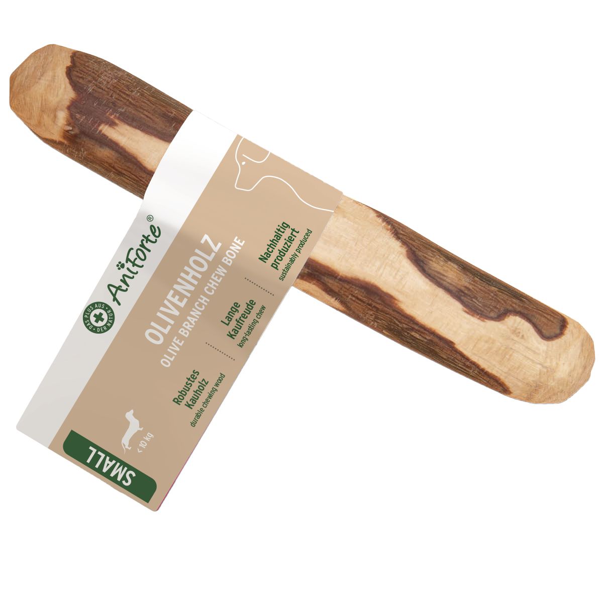 Olivenholz-Knabberstab mit Verpackung. Aufschrift: AniForte, Olivenholz, Olive Branch Chew Bone, Small.