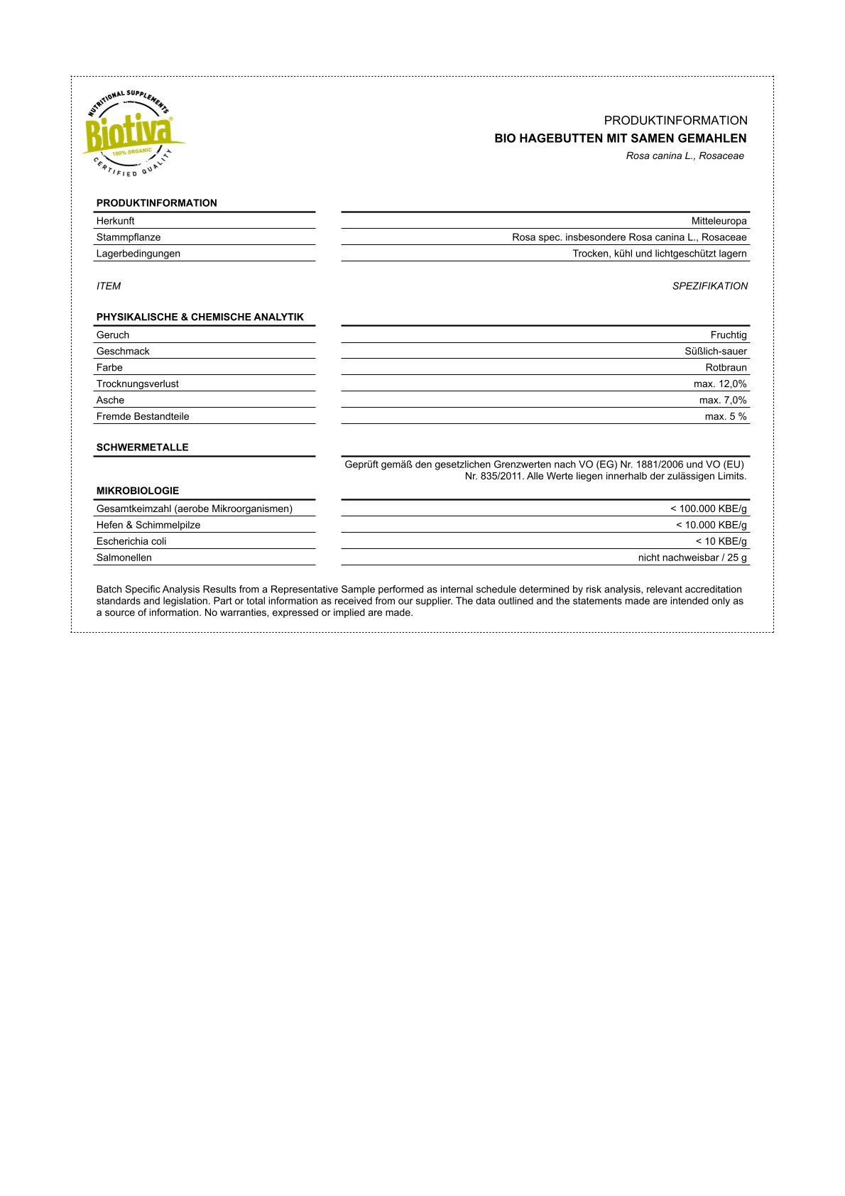 Tabellarische Produktinformationen. Angaben zu Stammbedingungen, Geruch, Geschmack, etc. Bio-Siegel.