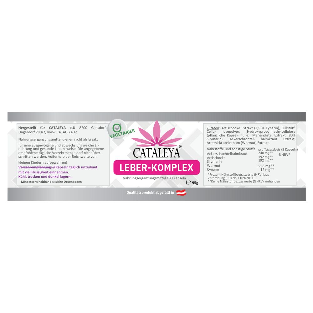 Dose CATALEYA LEBER-KOMPLEX, Etikett mit Inhaltsstoffen und Anwendungshinweisen. Vegetarier-Siegel.