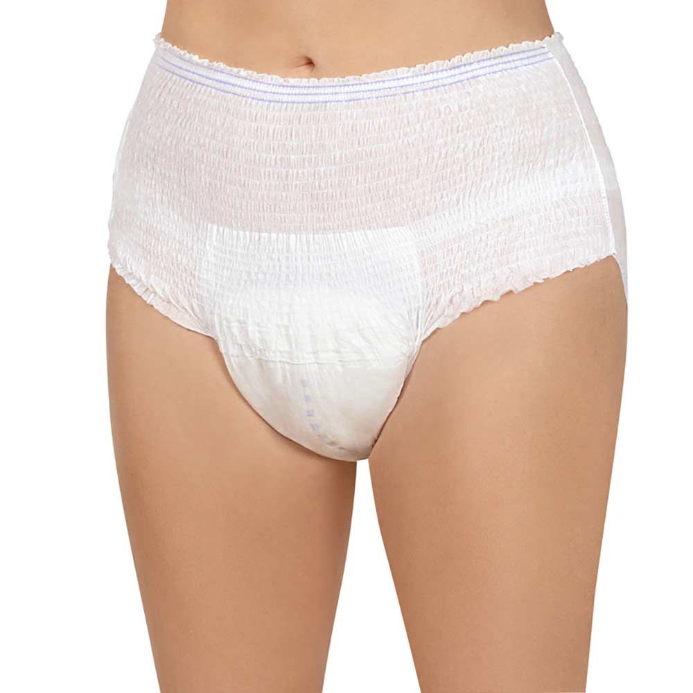 Person trägt weiße MoliCare Mobile Premium Inkontinenzhose. Elastischer Bund, atmungsaktives Material.