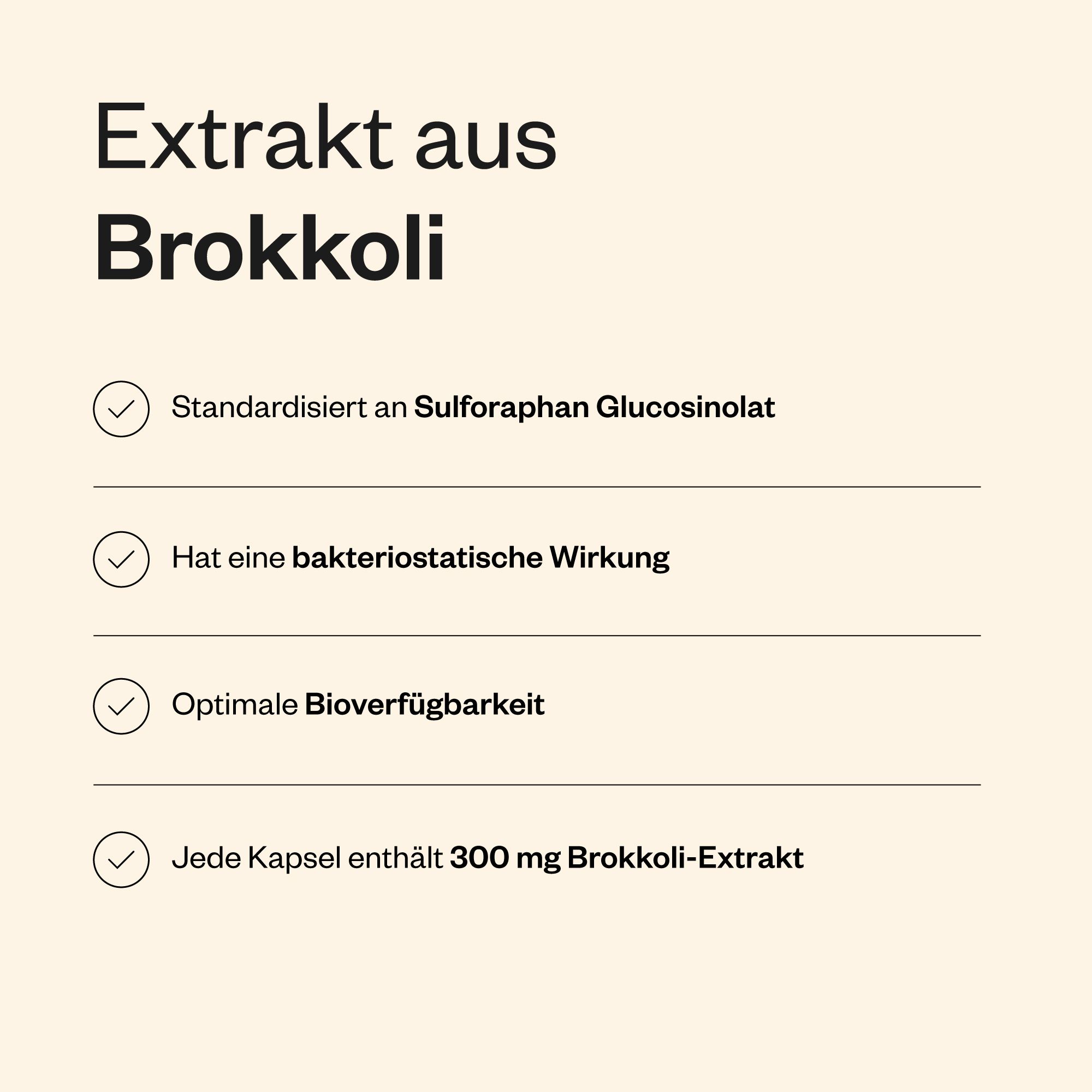Infografik mit Informationen über Broccoli-Extrakt. Enthält Informationen über die Wirkung und Inhaltsstoffe.