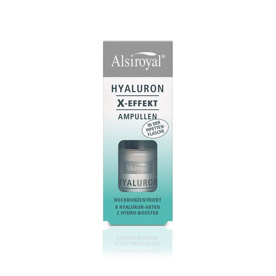 Verpackung von Alsiroyal Hyaluron X-Effekt Ampullen. Aufschrift: Hyaluron X-Effekt Ampullen, in der Pipettenflasche. Produktabbildung.