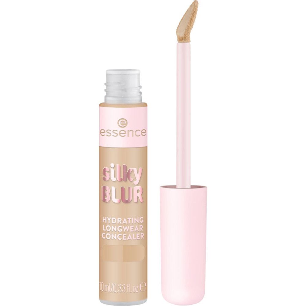 Concealer-Tube mit rosa Kappe und Applikator. Aufschrift: Silky Blur, Hydrating Longwear Concealer. Marke: Essence.