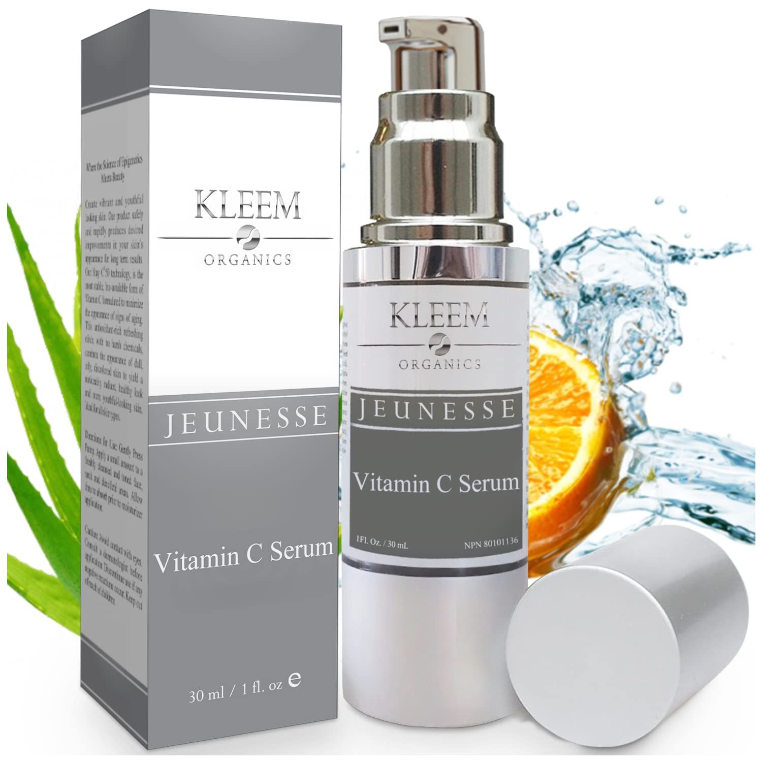 Serumflasche und Verpackung. Aufschrift: Kleem Organics, Vitamin C Serum. Mit Aloe Vera und Orange.