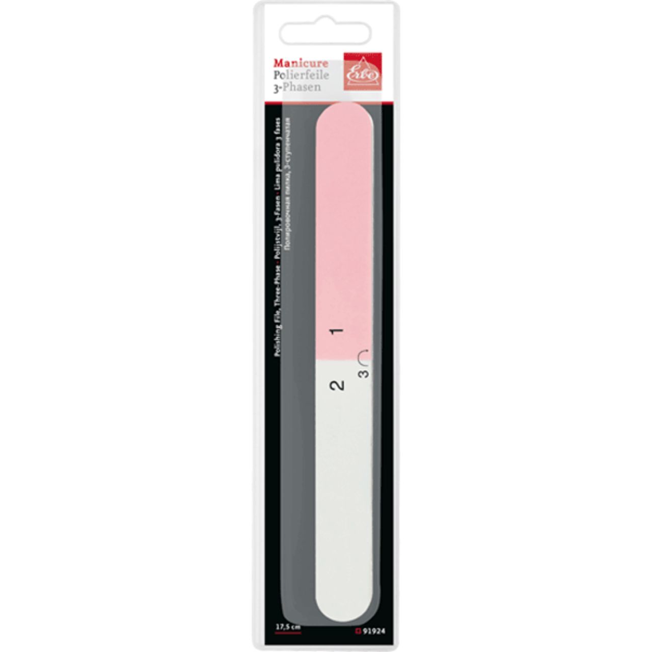 Polierfeile in Verpackung. Rosa, weiß und grau. Aufgedruckte Zahlen 1, 2, 3. Verpackung mit Text.