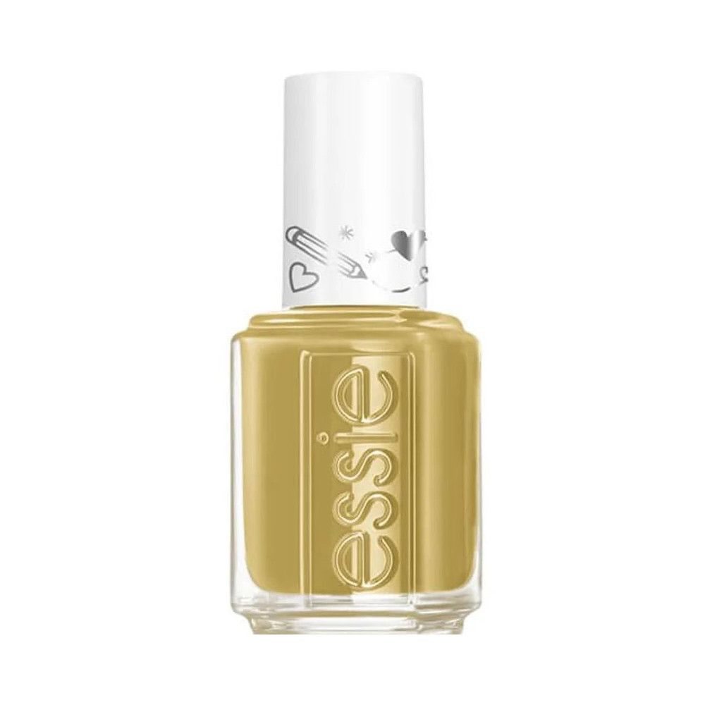 Essie Nagellackflasche, goldfarben, mit weißem Deckel und Logo.