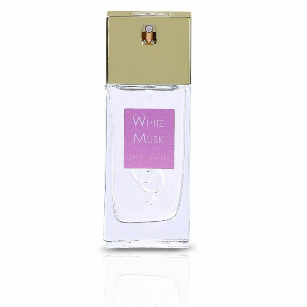 Parfümflakon mit goldfarbenem Deckel und lila Etikett mit "White Musk".