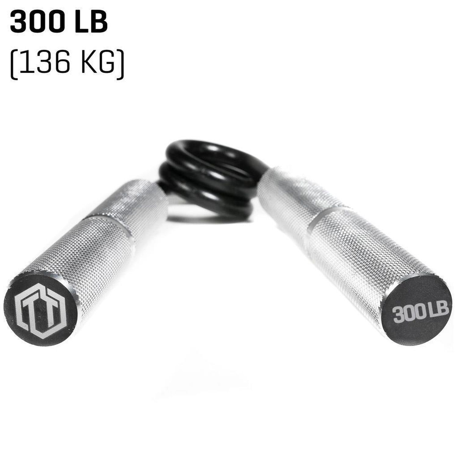 Fingerhantel mit silbernen Griffen und schwarzer Feder. Auf einem Griff steht "300 LB".
