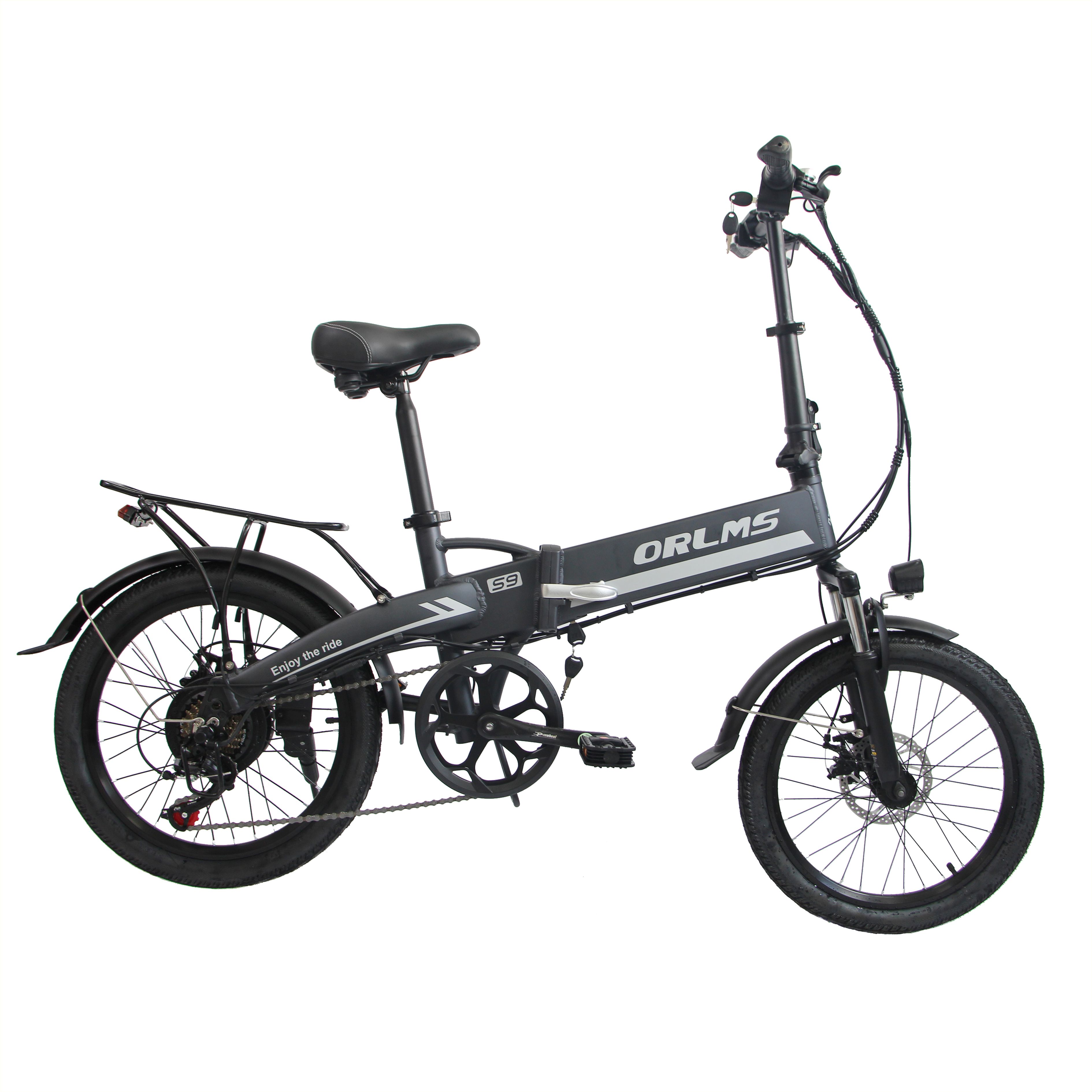 Faltbares E-Bike, grau. ORLMS-Logo. Schwarze Reifen, Sattel und Gepäckträger. Frontscheinwerfer. Pedale und Kette.