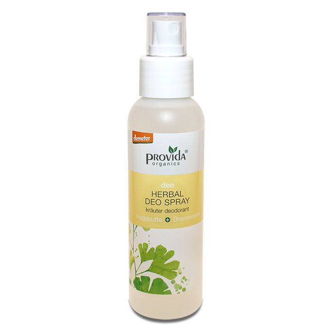 Deospray mit Sprühkopf. Aufschrift: Provida organics, Herbal Deo Spray, Demeter-Zertifizierung. Abbildung von Blättern.