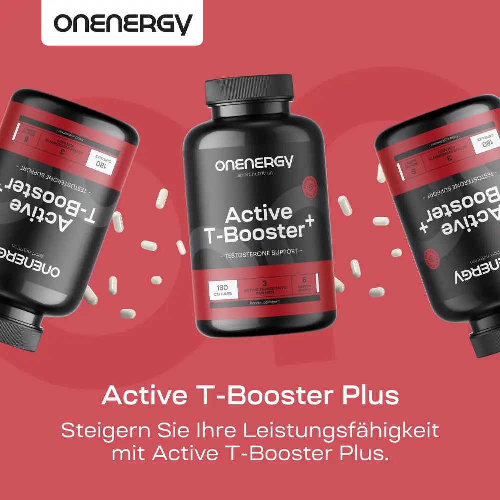 Drei Dosen OnEnergy Active T-Booster Plus auf rotem Hintergrund. "Steigern Sie Ihre Leistungsfähigkeit."