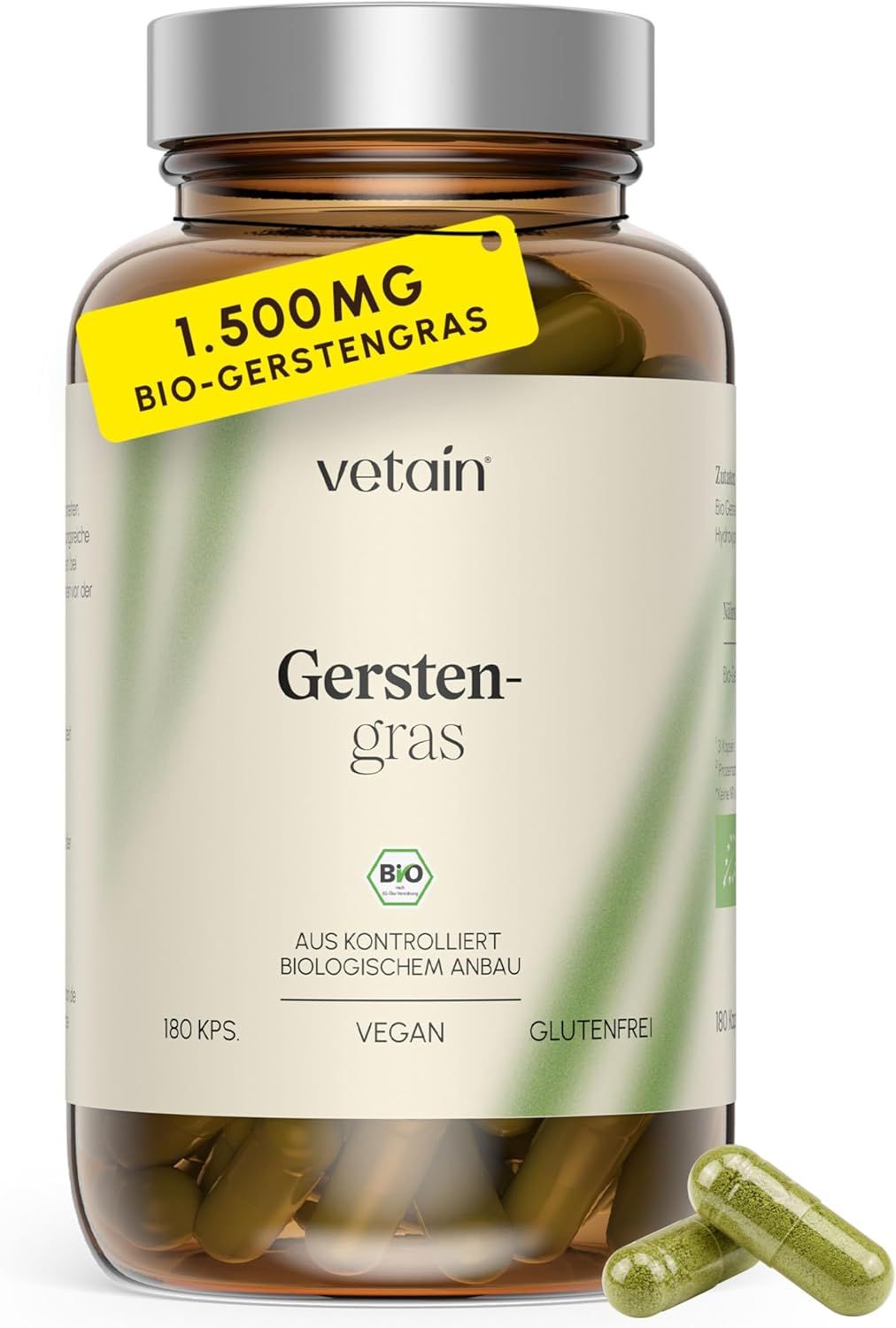 Vetain Gerstengras hochdosiert - 1.500mg pro Tag aus deutschem Anbau Bio-Zertifiziert 180 St Kapseln