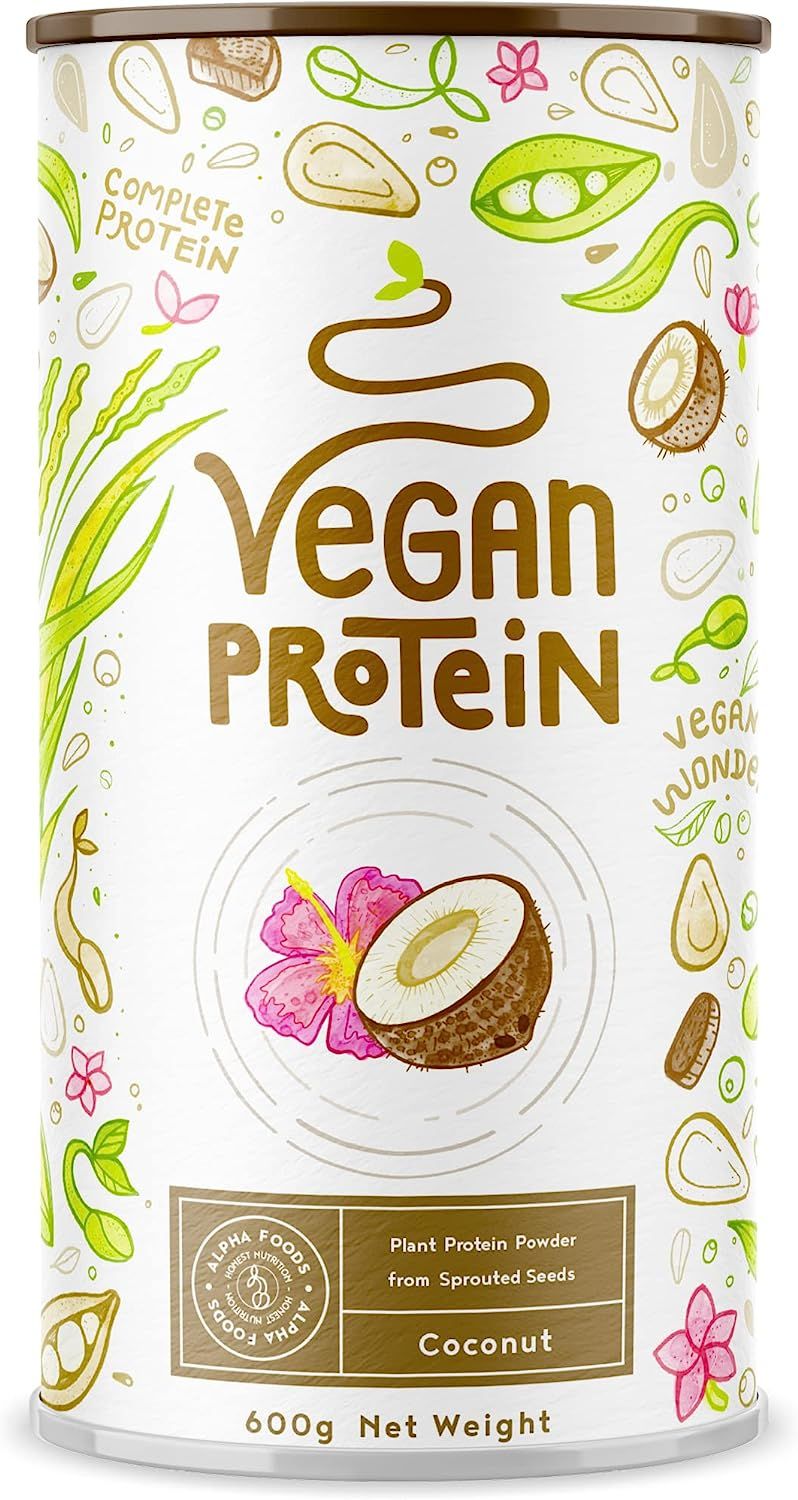 Zylindrische Dose mit "Vegan Protein"-Aufdruck, Kokosnuss-Illustrationen und "600g Netto"-Angabe. Alpha Foods-Logo.