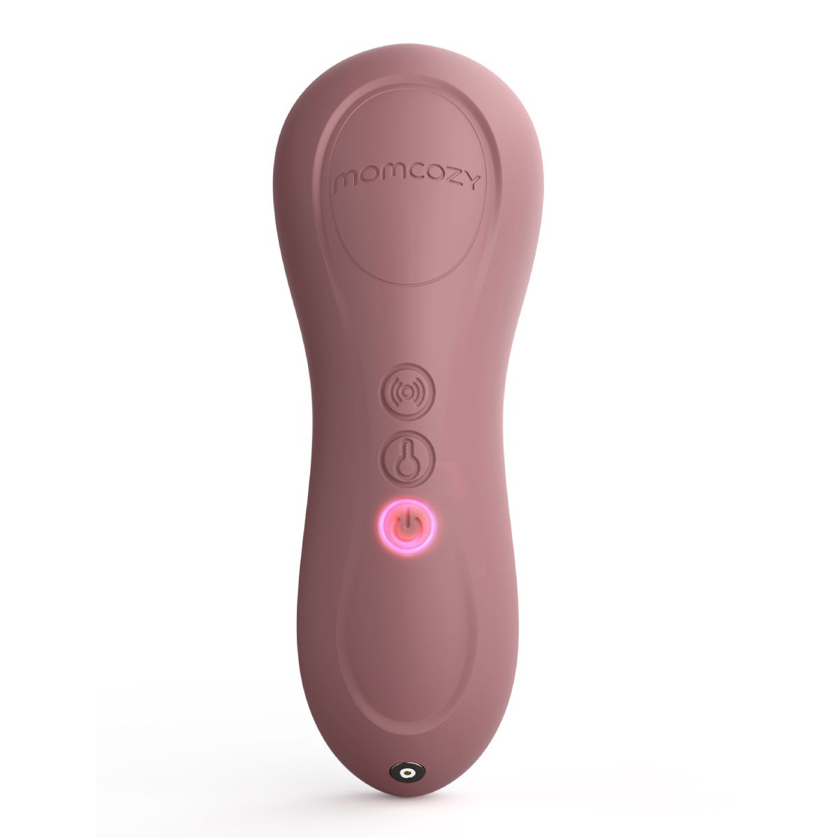 Rosa Massagegerät mit Momcozy-Logo und drei beleuchteten Tasten. Unten ist ein Ladeanschluss.