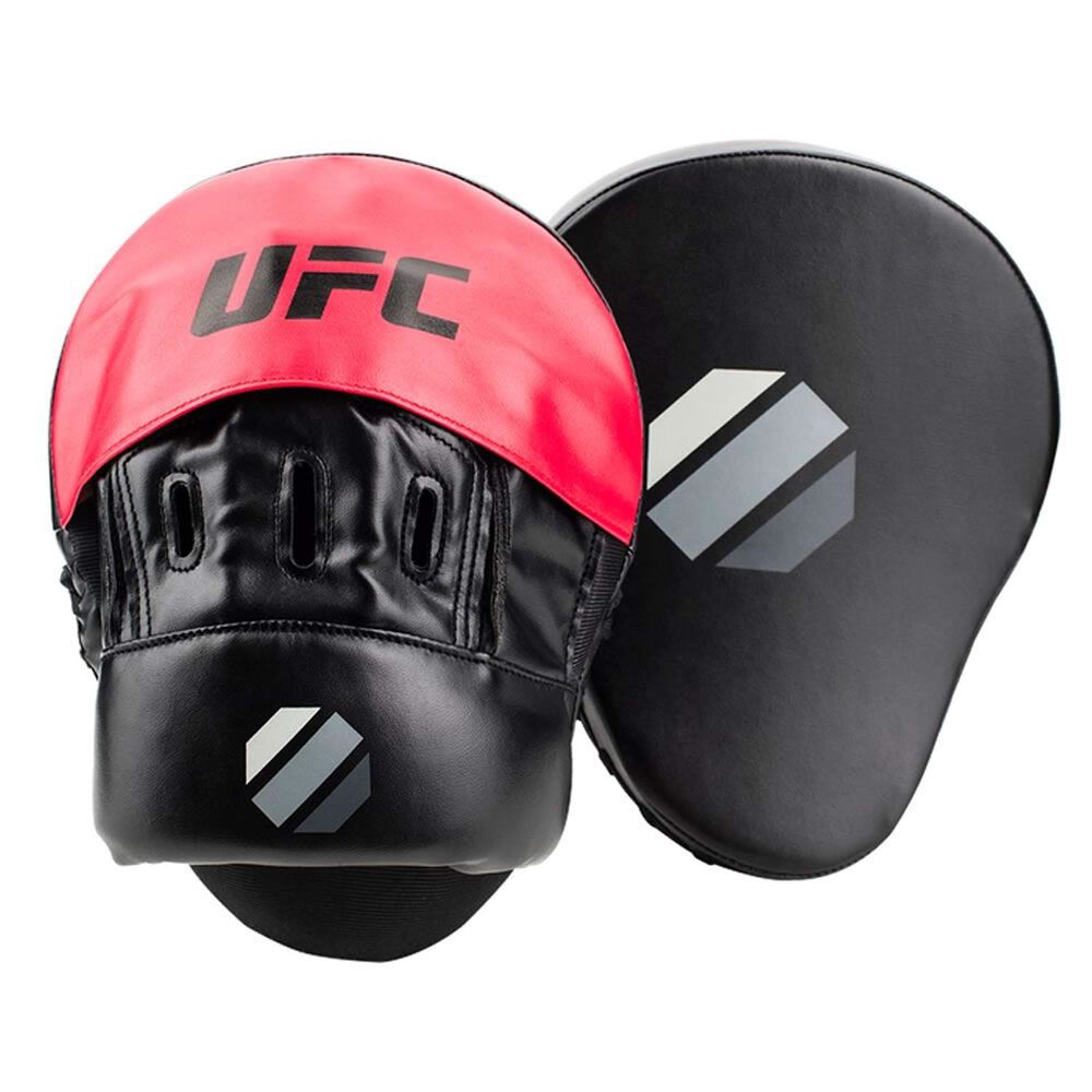 Schwarze und rote gebogene Handpratze. UFC-Logo. Zwei Teile, eine mit Logo, die andere ohne. Schwarzes Kunstleder.