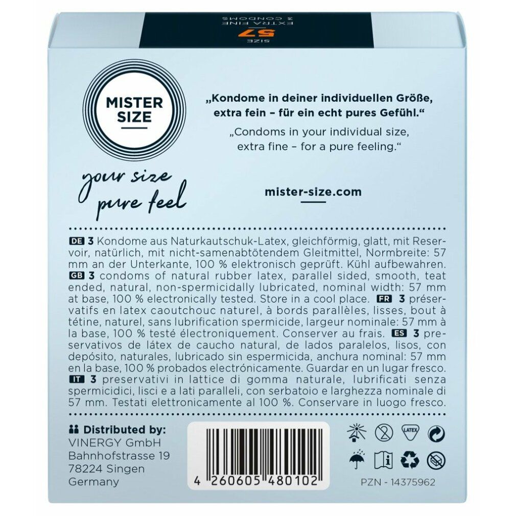 Weiße Schachtel mit Produktinformationen. Aufschrift: MISTER SIZE, SIZE 57, 3 Kondome. Text: your size pure feel. Extra Fine.