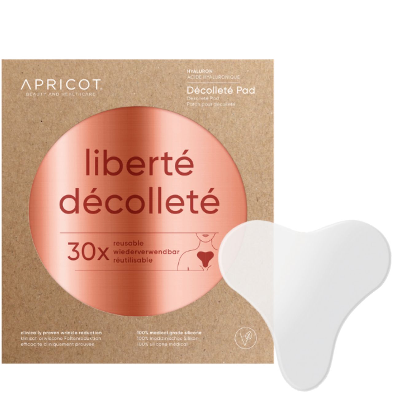 Runde Verpackung mit Dekolleté Pad. Auf der Verpackung steht "APRICOT" und "liberté décolleté".
