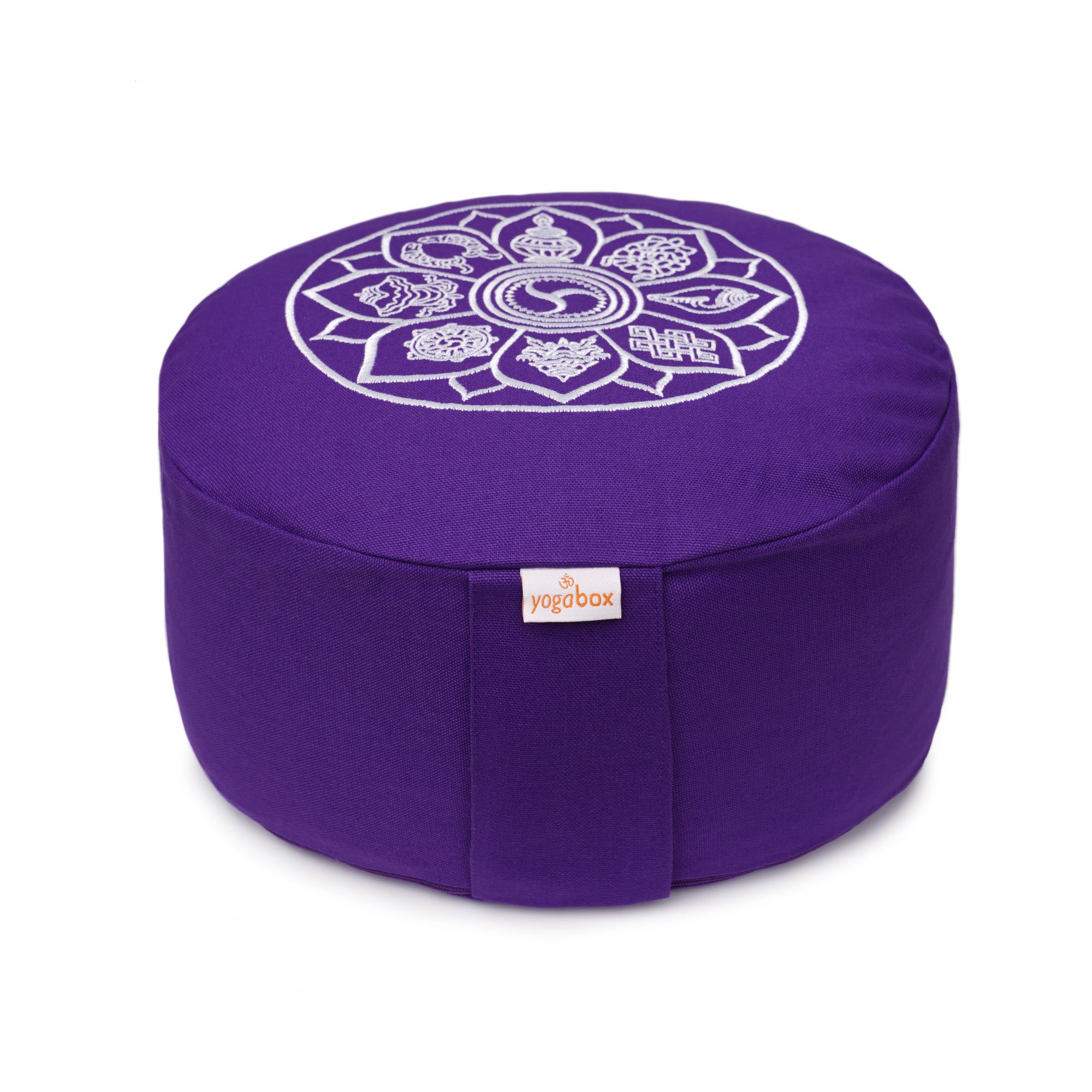 Lila Meditationskissen mit weißem Glückssymbol-Aufdruck und Yogabox-Logo.