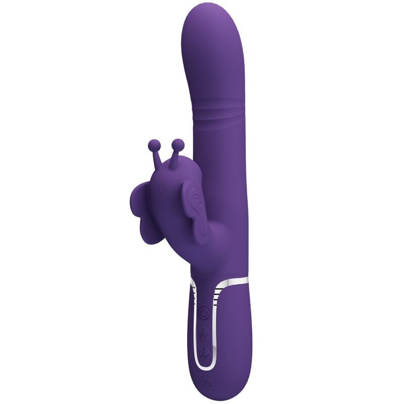 Lila Vibrator mit Kaninchen-Design. Mit Ohren und Knopfleiste. Vertikale Ansicht.