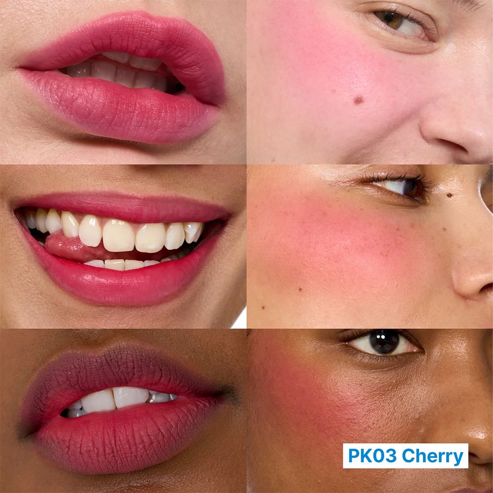 Collage: Lippen und Wangen mit rosa Rouge und Lippenstift. Zeigt verschiedene Hauttöne.