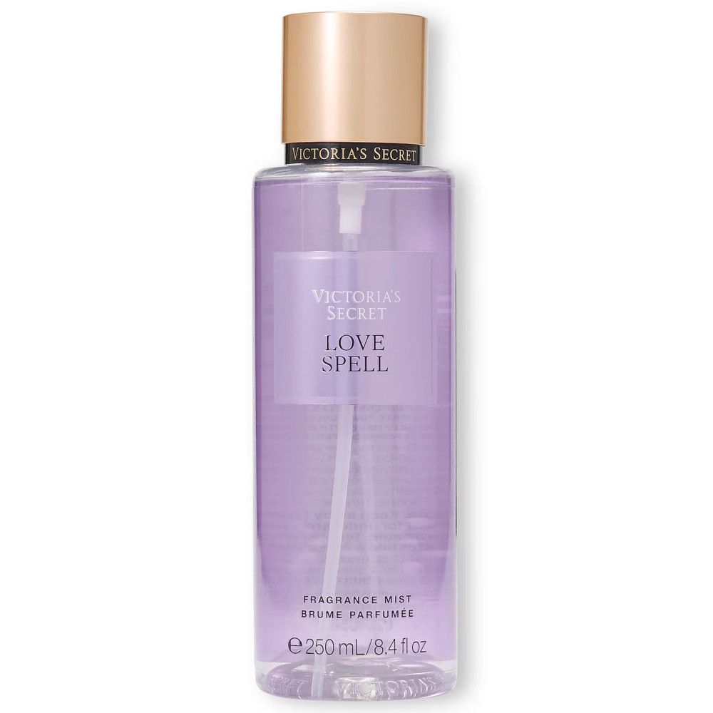 Victoria's Secret Love Spell Körperspray. Lila Flasche mit goldener Kappe. Text und Volumenangabe.