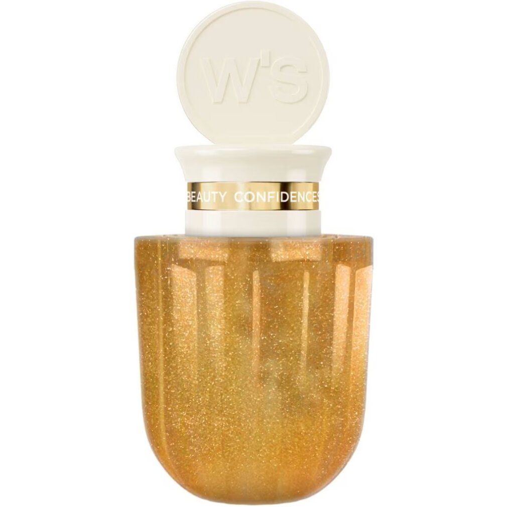 Goldfarbene Flasche mit Glitzer und weißem Verschluss. "W's BEAUTY CONFIDENCE" ist auf dem Verschluss und Band aufgedruckt.