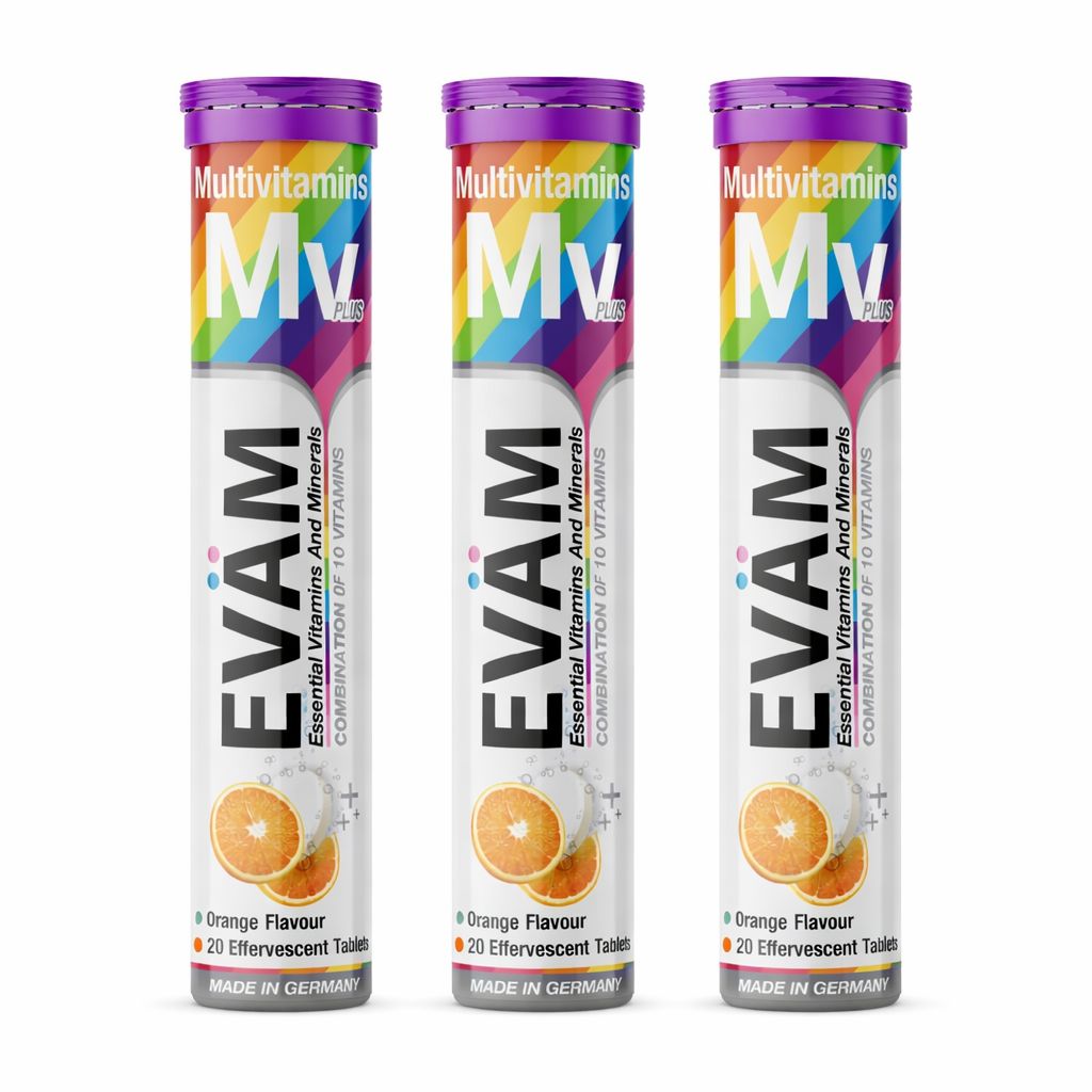 Drei zylindrische Behälter mit EVÄM Multivitamin-Tabletten. Lila Deckel, farbiger Aufdruck. Orangen-Abbildung.