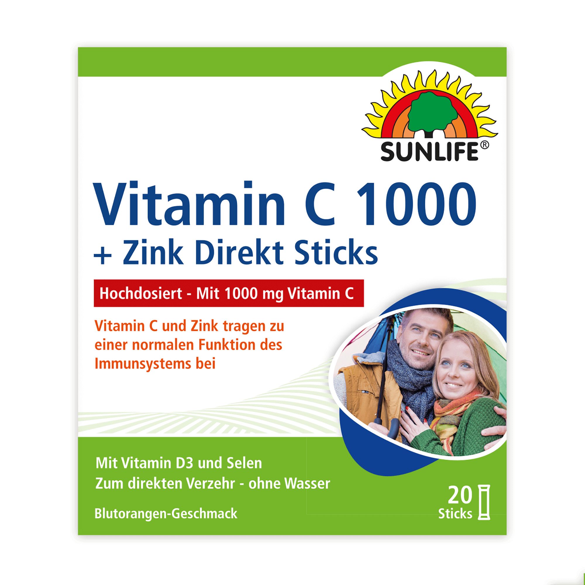 Vorderseite der Sunlife Vitamin C 1000 + Zink Direkt Sticks Verpackung. Enthält 20 Sticks. Aufschrift: Vitamin C 1000, Zink Direkt Sticks, Blutorangen-Geschmack.