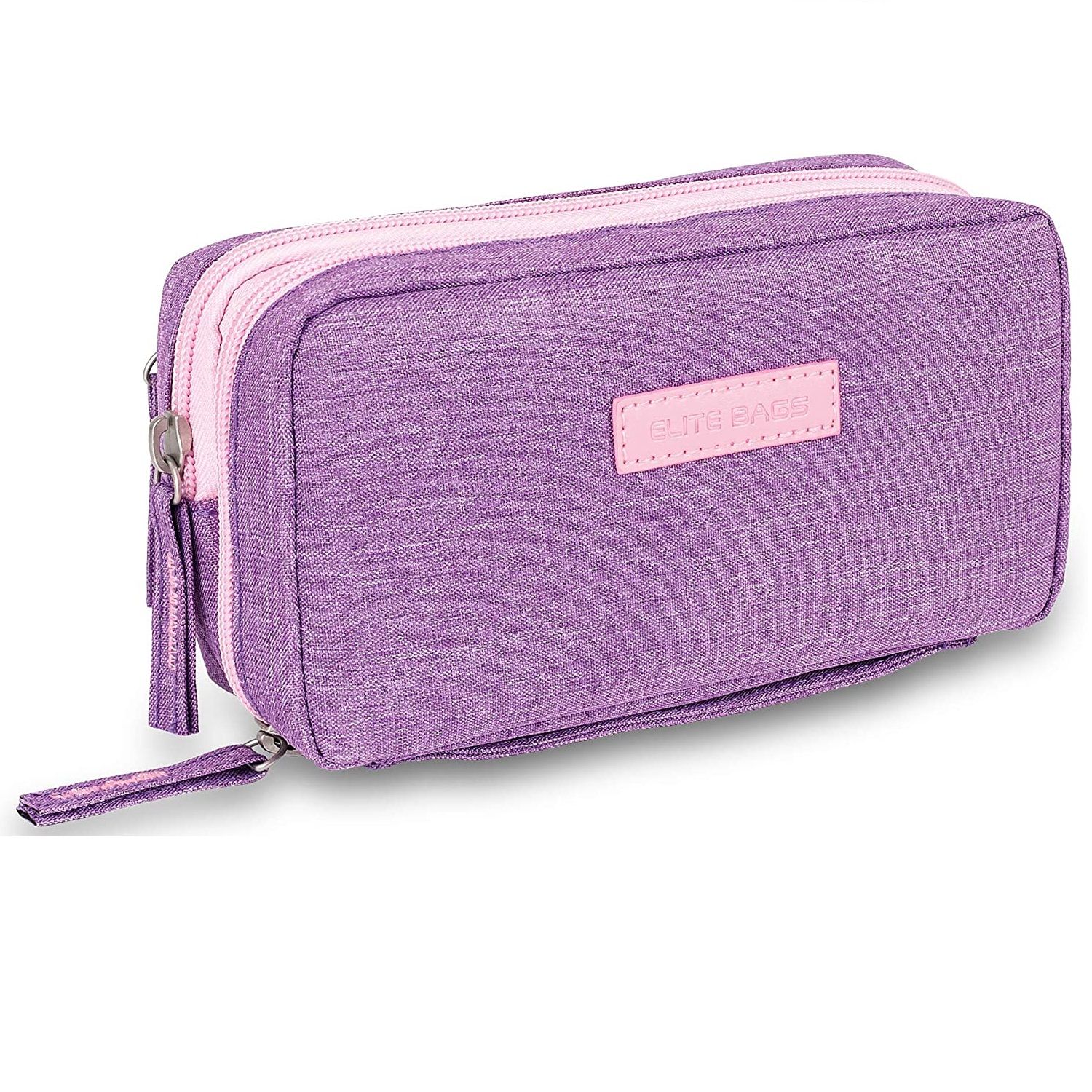 Violette, thermoisolierte Diabetikertasche. Rosa Reißverschlüsse und Logo. Rechteckige Form mit zwei Fächern.