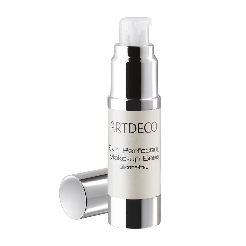 ARTDECO Skin Perfecting Make-up Base. Flasche mit silbernem Pumpkopf und Deckel daneben. Aufschrift: silicone-free.