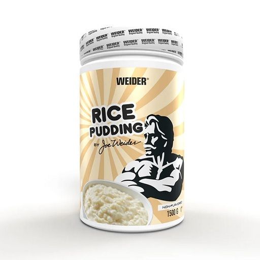 Weider Rice Pudding-Behälter. Weißer Behälter mit gelbem Etikett. Enthält das Logo und den Schriftzug Rice Pudding.