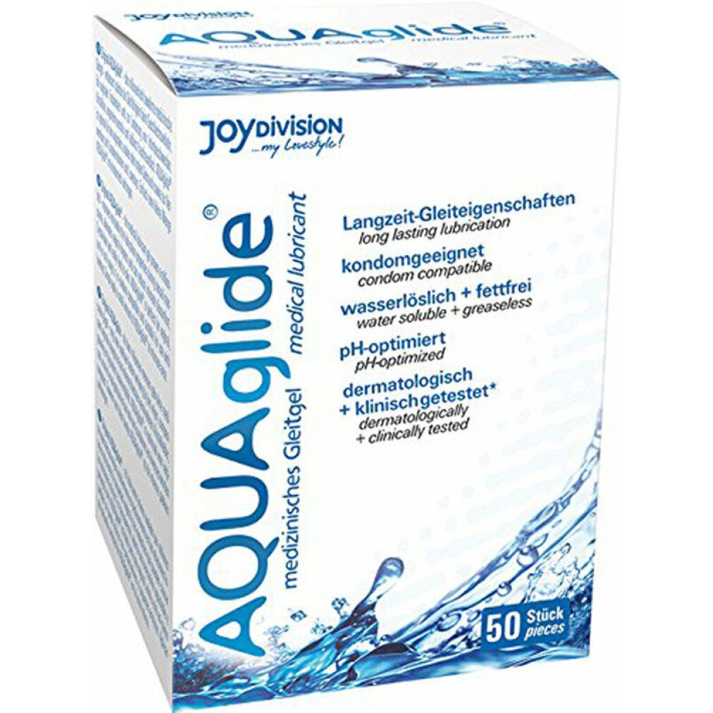 AQUAglide-Box. Medizinische Gleitgel. 50 Stück. Text: Langzeit-Gleiteigenschaften, kondomgeeignet, pH-optimiert, dermatologisch getestet.