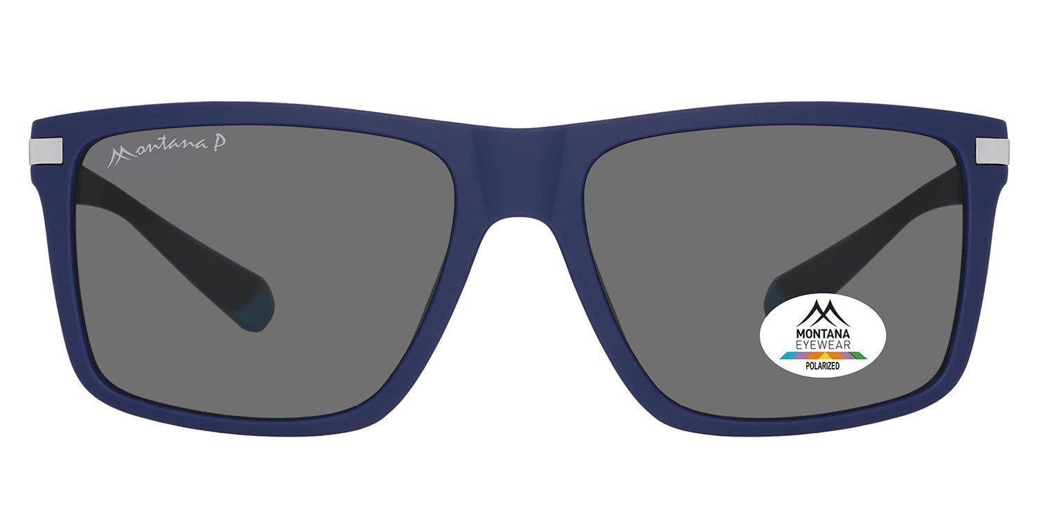Blaue Sonnenbrille mit grauen Gläsern. Das Montana Eyewear Logo ist auf einem Glas abgebildet. Rechteckige Form.