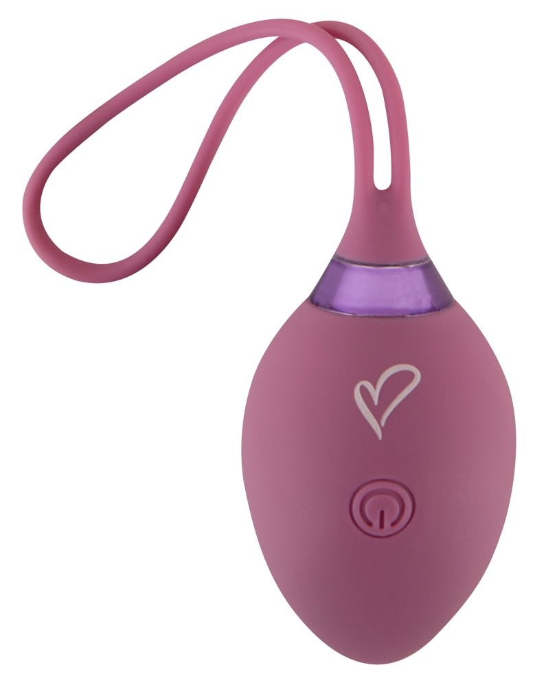 Lila Vibro-Kugel mit Rückholschlaufe und Ein-/Aus-Symbol.