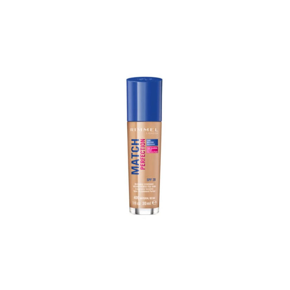 Flüssige Foundation in einer Glasflasche mit blauem Deckel. Aufschrift: Match Perfection, Farbton 400 Natural Beige.