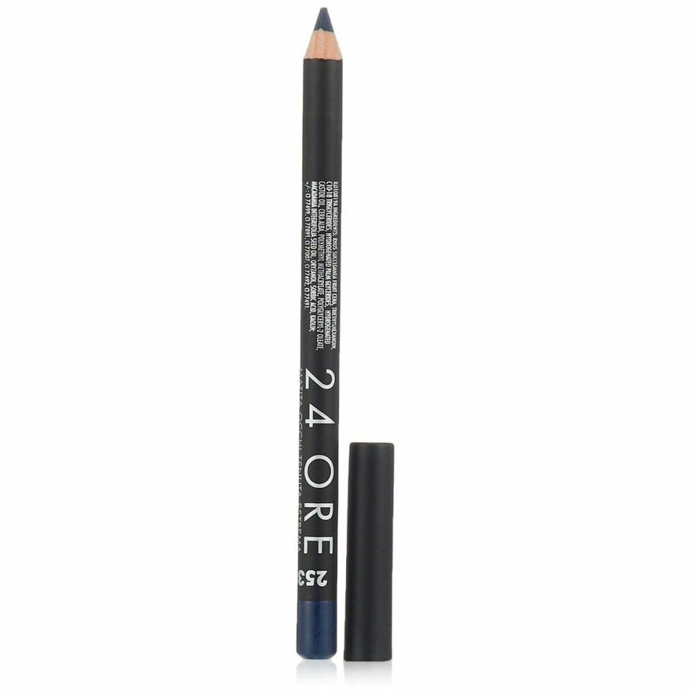 Deborah Milano Eyeliner 24Ore 253. Blauer Kajalstift mit schwarzem Schaft und Kappe. Produktname und Farbnummer deutlich sichtbar.