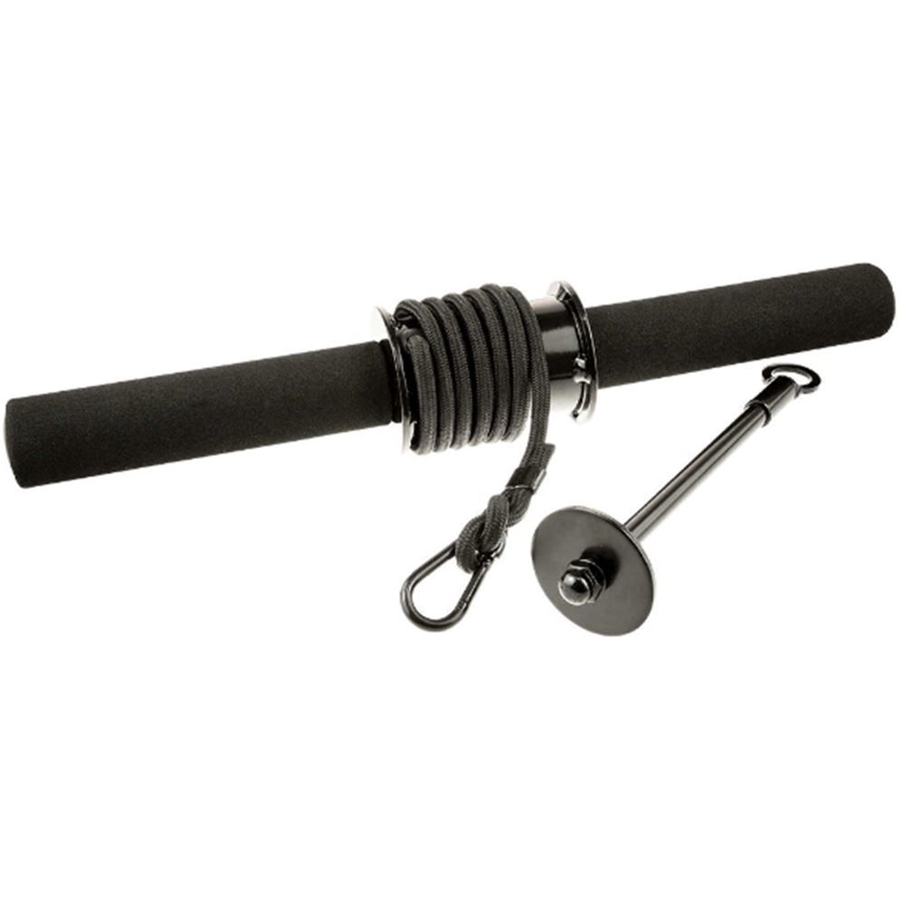 Schwarzer Unterarmtrainer mit Seil, Griff und Metallring. Ein weiteres Metallteil mit Griff.