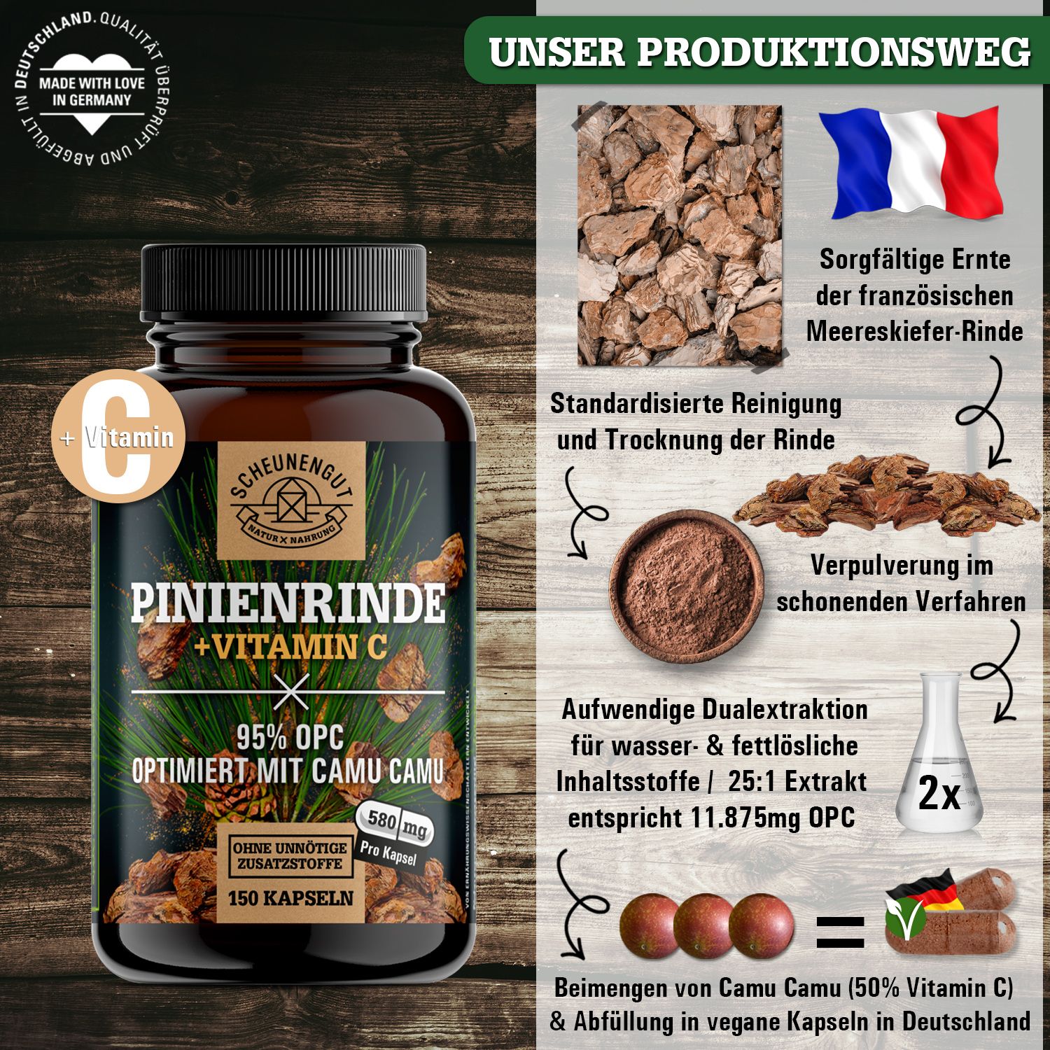 Braune Flasche mit Kapseln. Aufschrift: Pinienrinde + Vitamin C, 95% OPC, optimiert mit Camu Camu. Zusatzinformationen und Grafiken.
