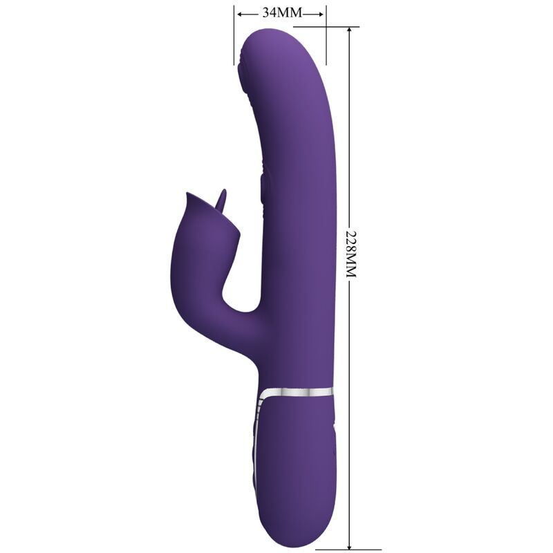 Lila Vibrator mit Hasenohren-Design. Maße: 228mm lang, 34mm breit. Mit silbernen Akzenten und Knöpfen.